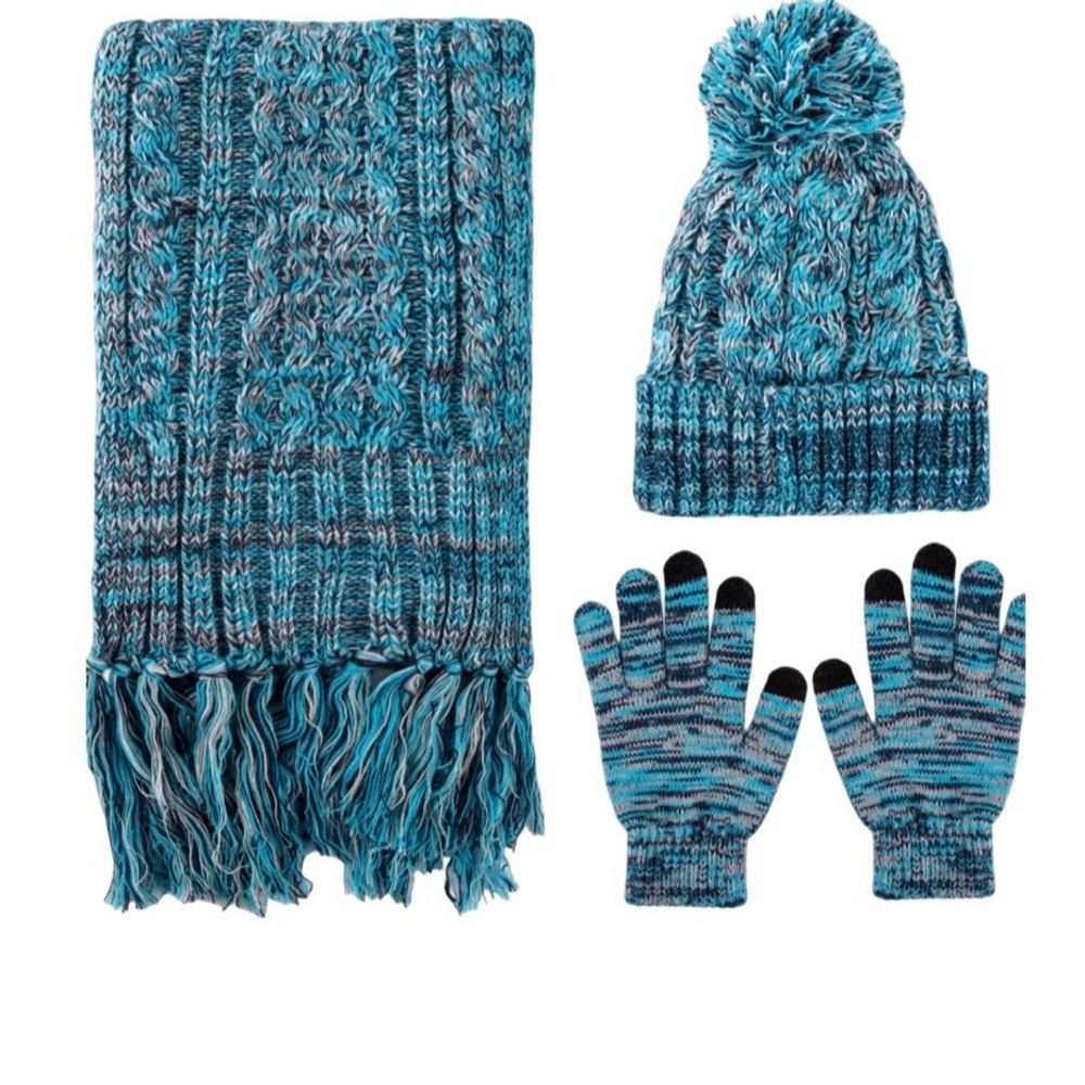 NWT | Blue |Knit| Womens | Winter 3-in-1 Set (Beanie, Gloves , Long Scarf )
